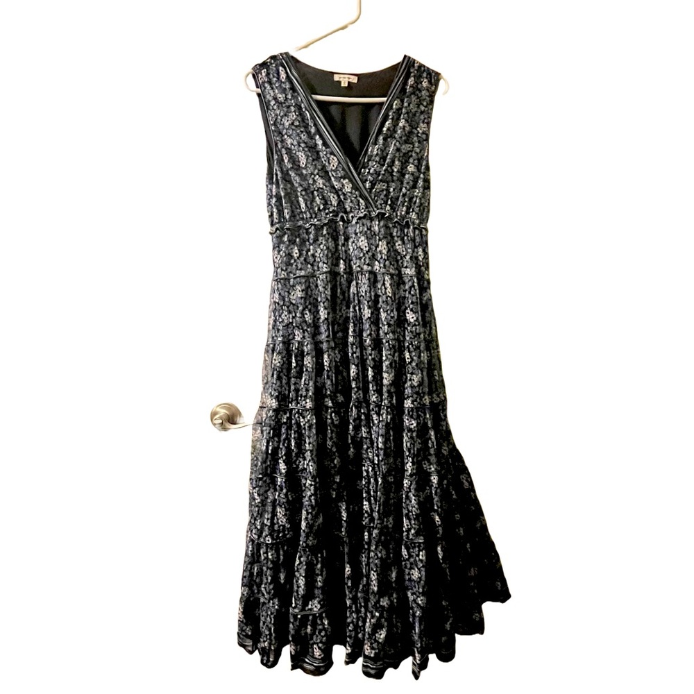 Max Studio Floral Print Midi Dress L Black Blue White